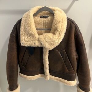 Zara Brown and Cream Shearling Bomber Jacket